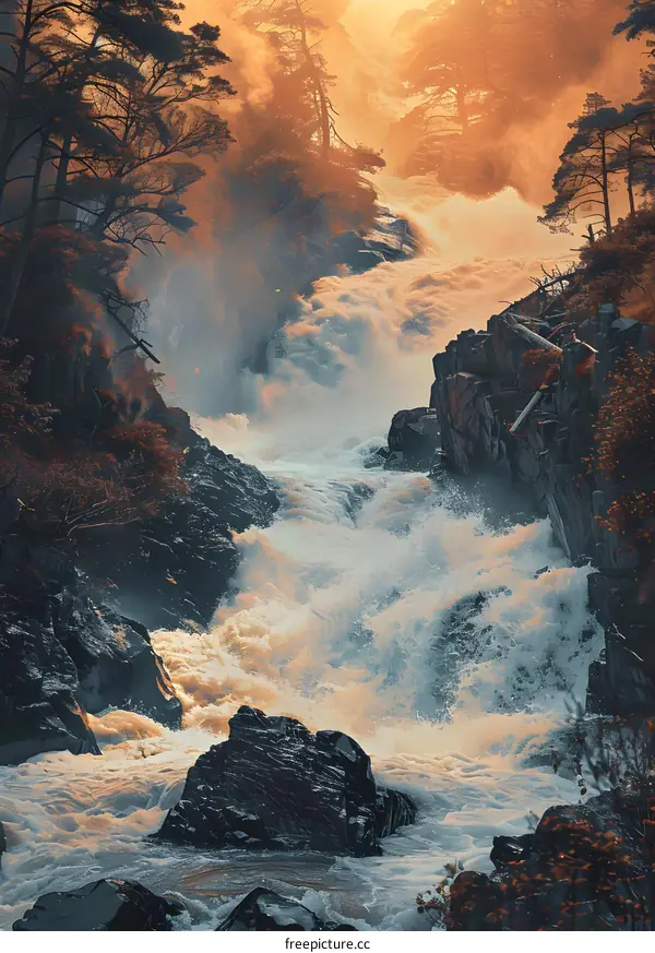 Powerful Waterfall and Rocky Canyon Landscape