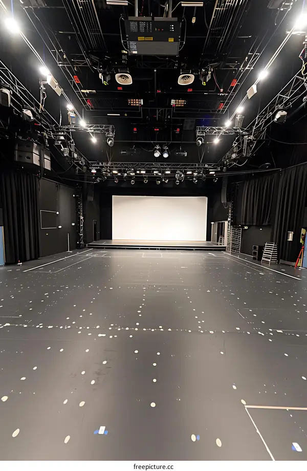 Empty Stage with Black Curtains and Lighting Equipment