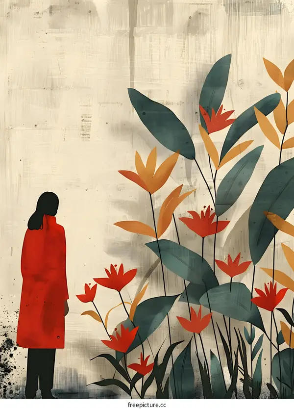 woman in red coat looking at tropical flowers