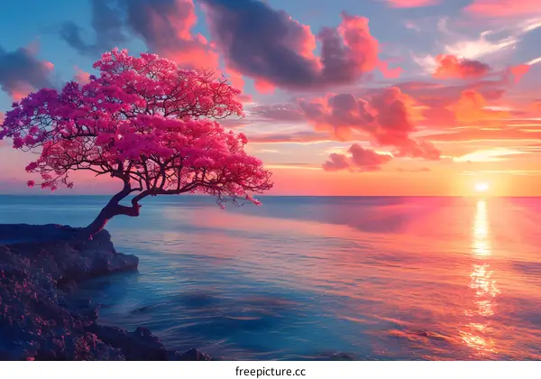 The setting sun and the pink clouds