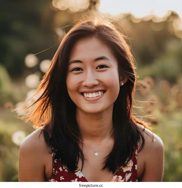 Smiling Asian Woman in Summer Dress