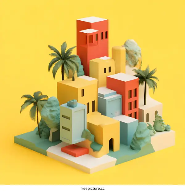 Minimalist 3D Illustration of a Cityscape with Palm Trees