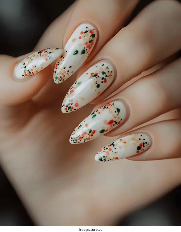 Floral Nail Art Design with White Base and Colorful Dots