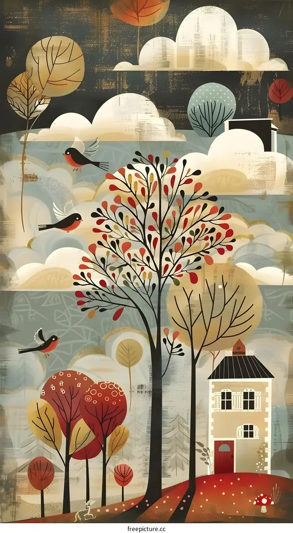 Red Birds Flying Over Autumn Trees and Houses