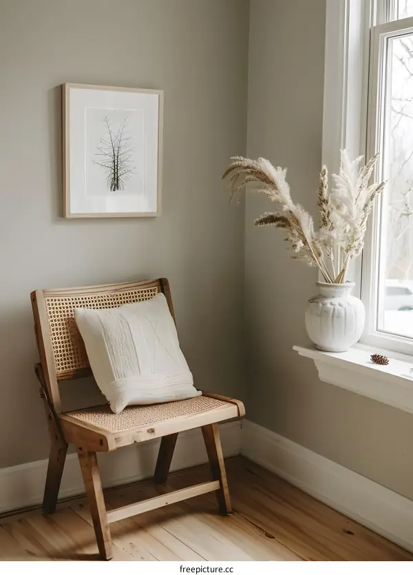 Minimalist Living Room with Wooden Chair and Dried Flowers in a Vase