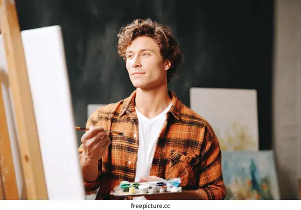 Artist Painting on Canvas in Studio