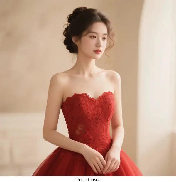 Elegant young woman in red lace strapless dress standing indoors