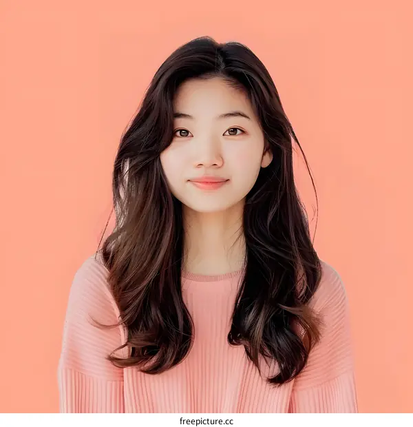 Young Asian Woman with Long Brown Hair Wearing Pink Sweater Against Peach Background