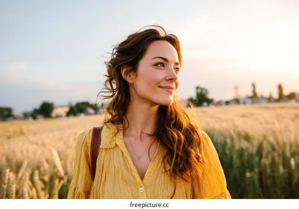 Woman in a Golden Wheat Field  Looking Towards the Horizon
