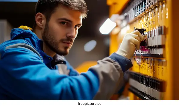 Industrial Electrician Working on Electrical Panel