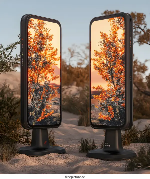 Digital Art Display with Sunset Tree Landscape