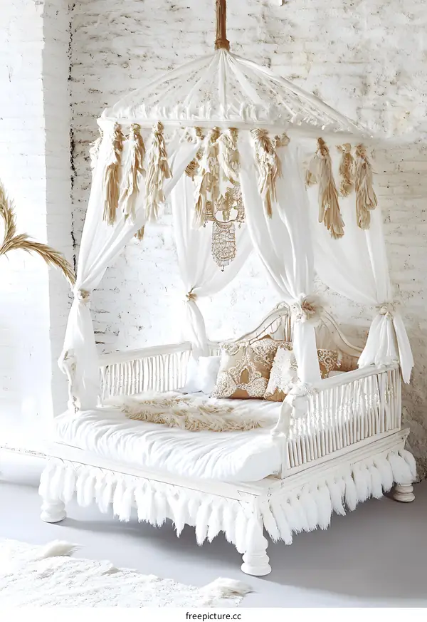 White Canopy Bed with Fringe Details
