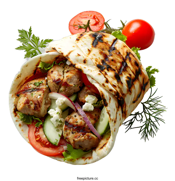 [Transparent Background PNG]A delicious and healthy Mediterranean wrap with grilled chicken, fresh vegetables, and pita bread.
