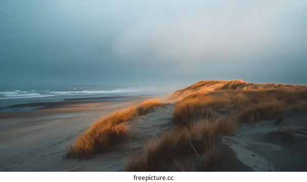 Foggy beach landscape with sand dunes at sunset