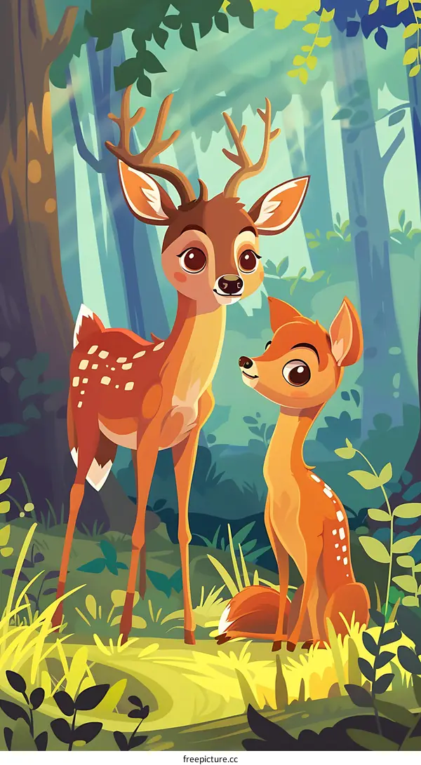 Two Cute Deer In Forest Illustration
