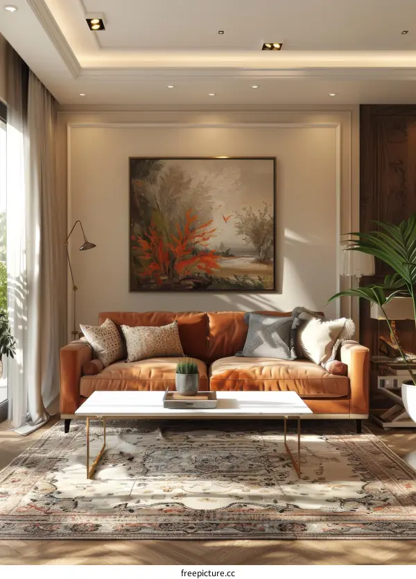 Modern and Spacious Living Room with Luxurious Brown Sofa