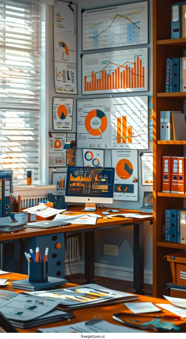 A home office with a large desk, computer, and bookshelves