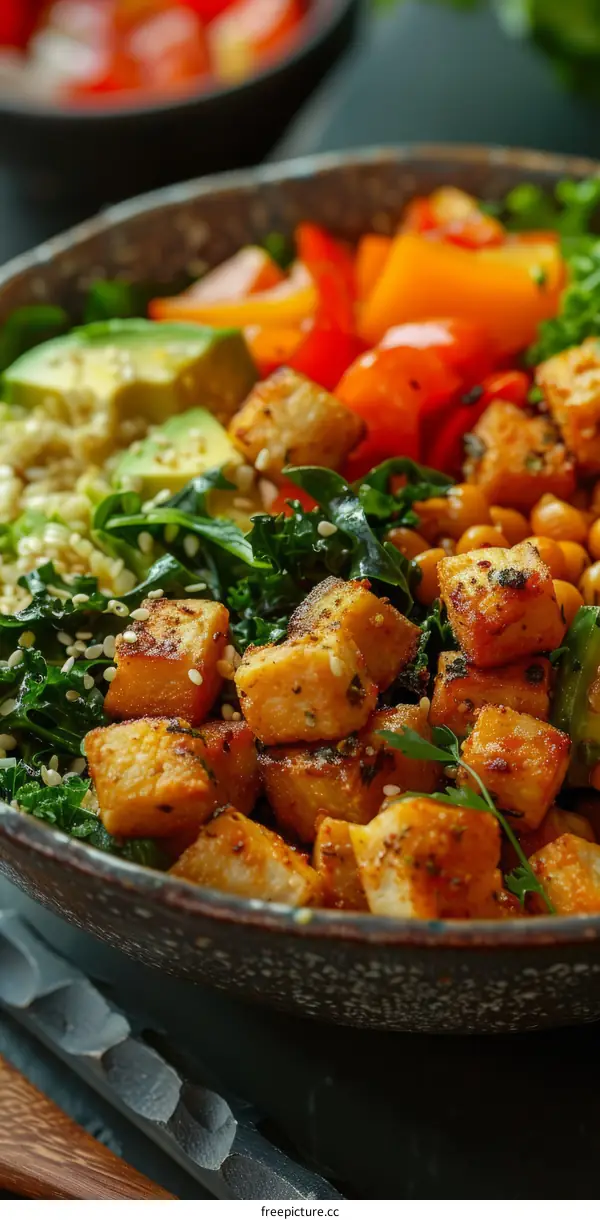 Vegan Buddha Bowl with Tofu, Chickpeas, Quinoa, Kale, and Avocado
