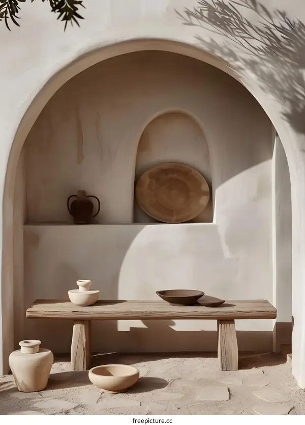 Minimalist Home Decor with Wooden Bench and Earthenware Pots