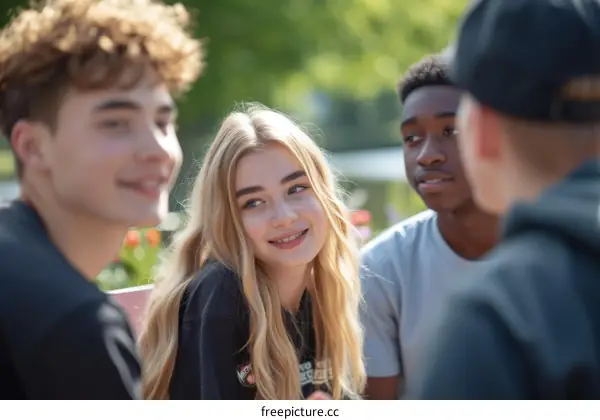 Four teenagers are sitting on a bench and talking