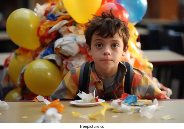 A boy surrounded by colorful balloons and trash