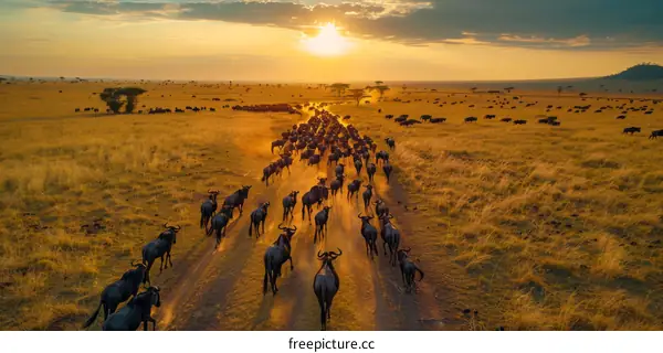Herd of wildebeests running across the savanna during the Great Migration in the Serengeti