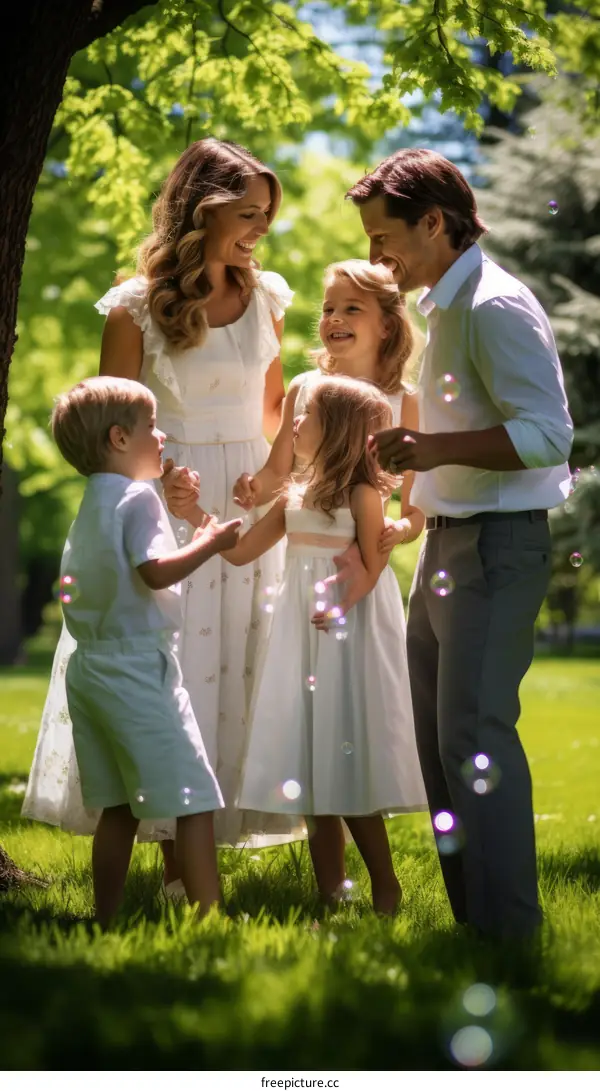 Happy family of five in the park