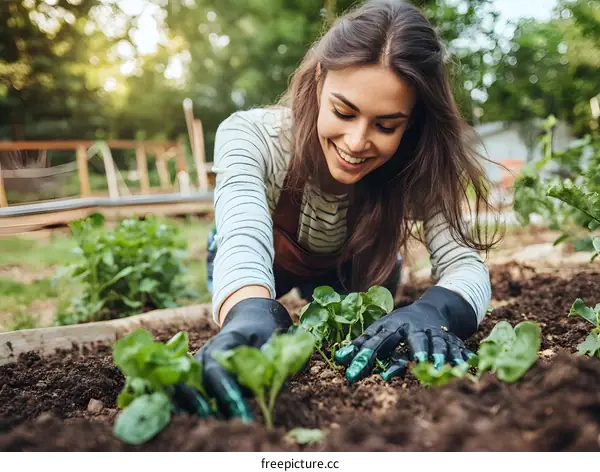 Happy Woman Gardening in Her Backyard