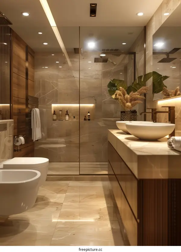Luxury Modern Bathroom Design with Marble and Wood