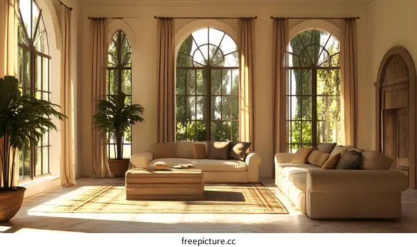 Elegant Living Room With Arched Windows And Beige Sofas