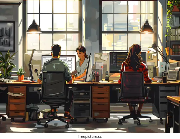 Three people working in an office