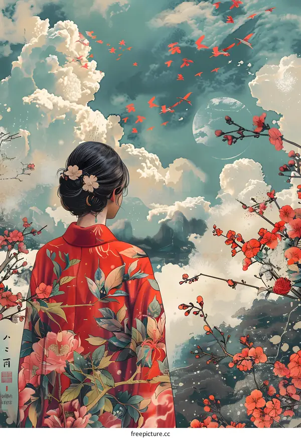 Woman in Red Kimono Looking at Sky with Birds and Flowers