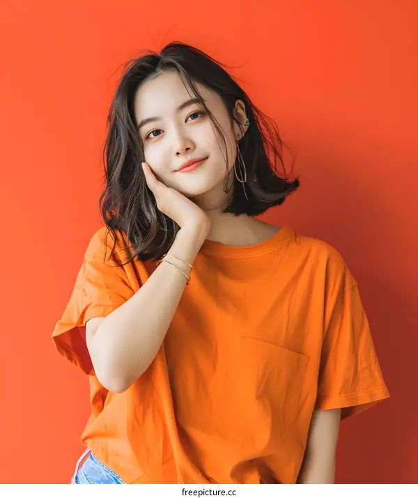 Portrait of a Young Asian Woman Wearing an Orange T-Shirt