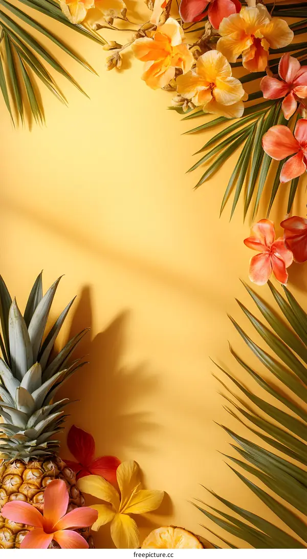 Tropical Summer Fruit Pineapple Background with Palm Leaves