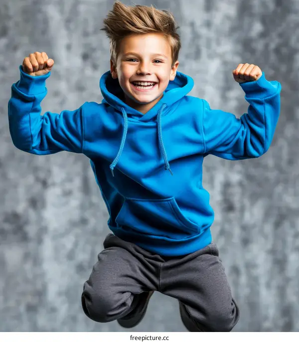 Joyful Child in Blue Hoodie Jumping