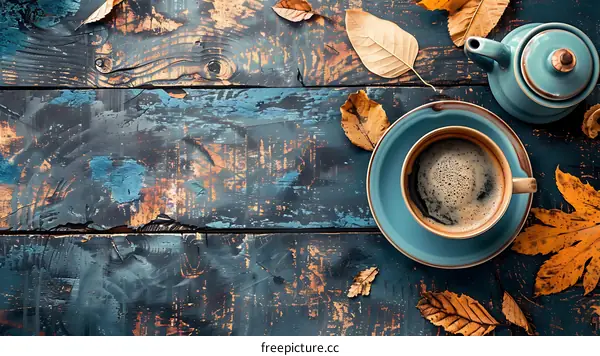 Autumn Coffee Cup on Rustic Wooden Background with Dry Leaves