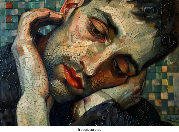 mosaic portrait painting of a melancholic woman