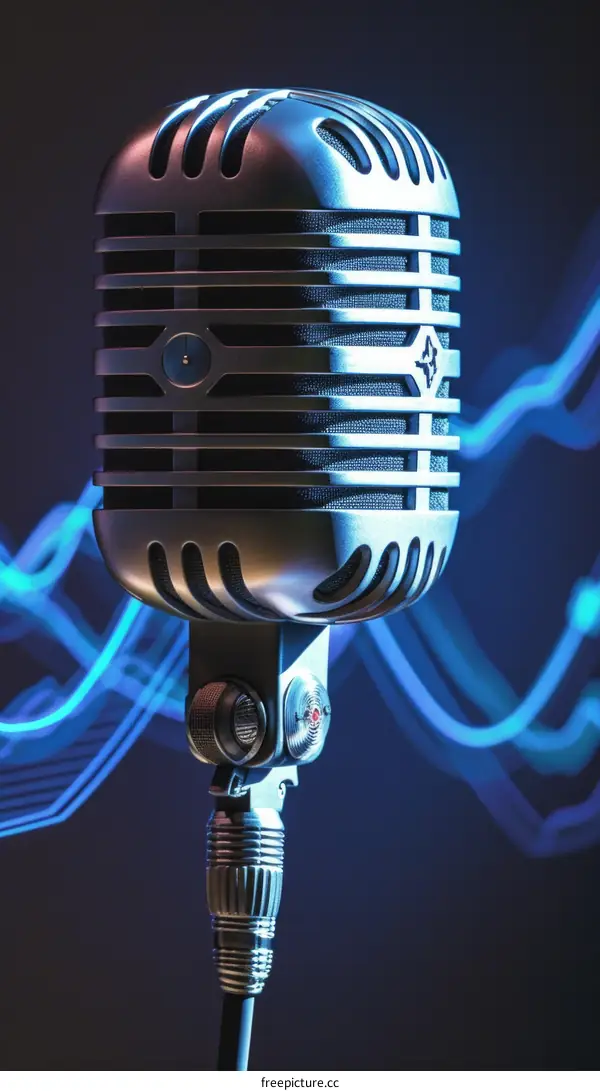Retro silver microphone with blue sound waves