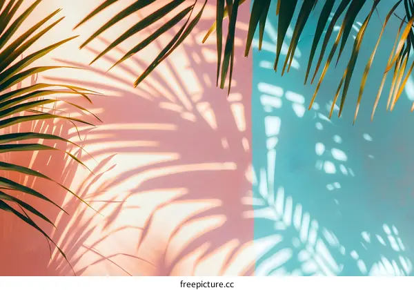 Palm Leaf Shadow on Pink and Blue Wall