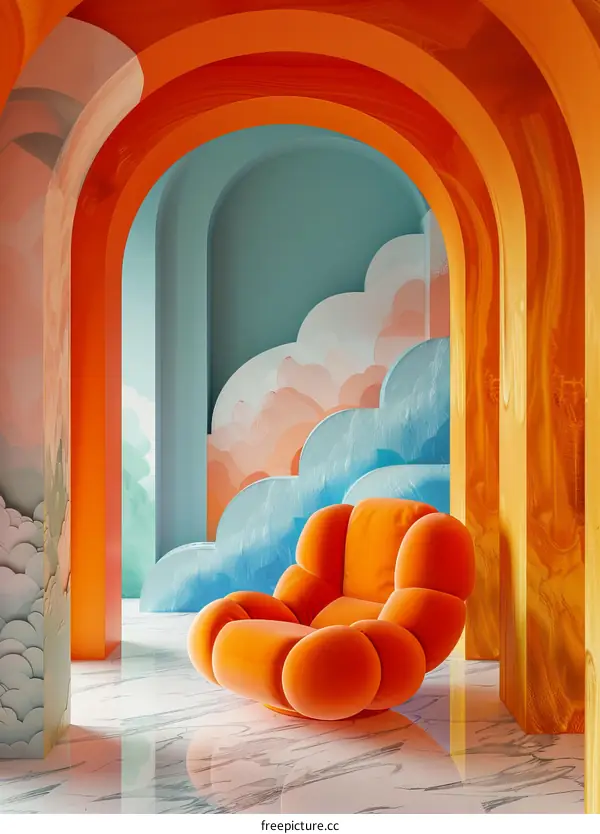 Orange and blue pastel surreal space with an orange chair