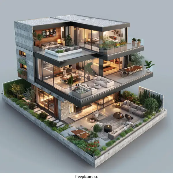 Luxurious Modern 3-Story House with Large Glass Windows