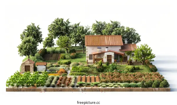 3D Rendering of a Provençal Country House with Garden