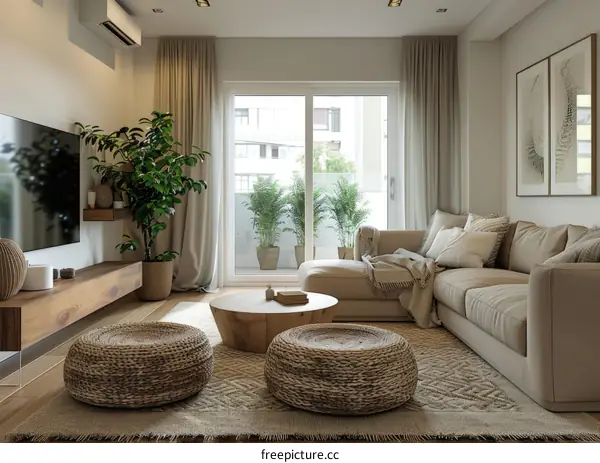 Bright Scandinavian Living Room with Minimalist Decor and Plants