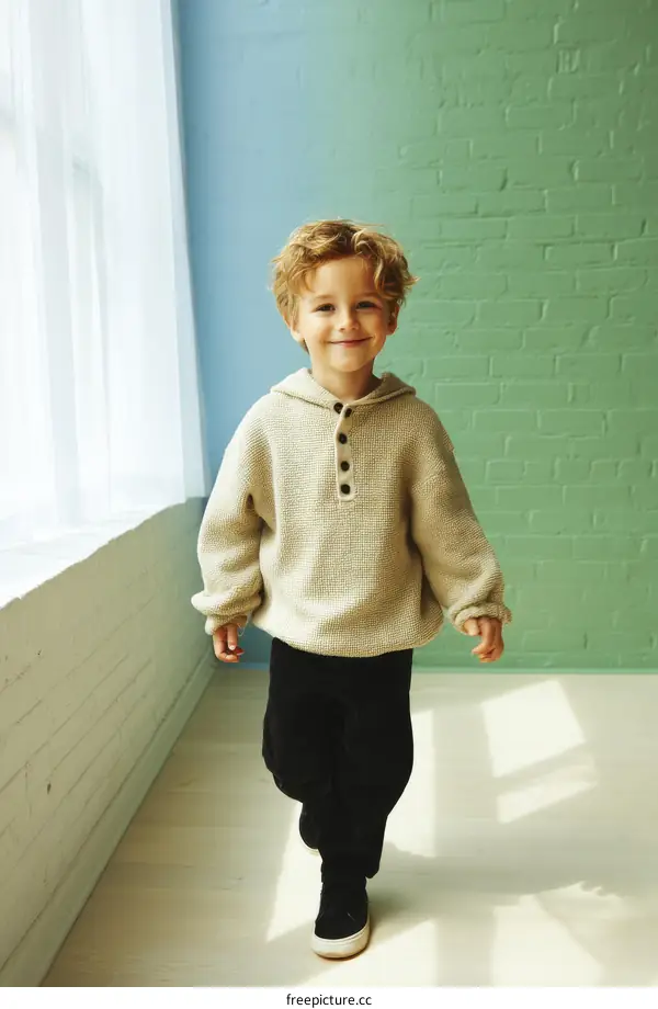 Adorable Boy in Beige Knitted Jumper and Black Trousers