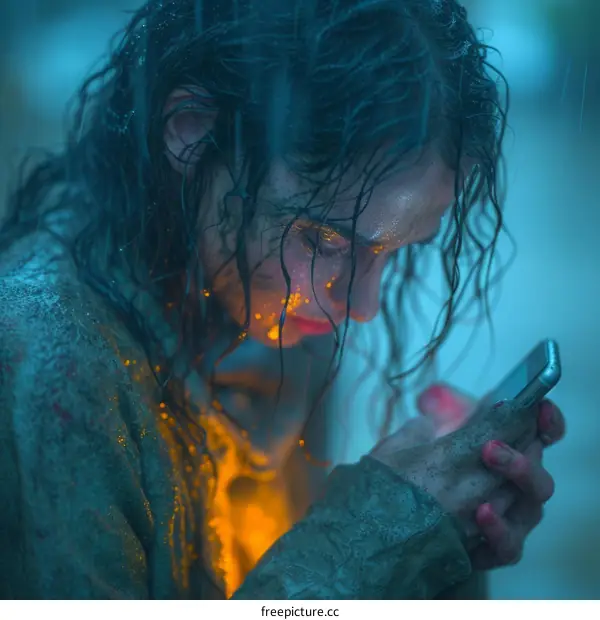 Woman covered in mud staring at her phone in the rain
