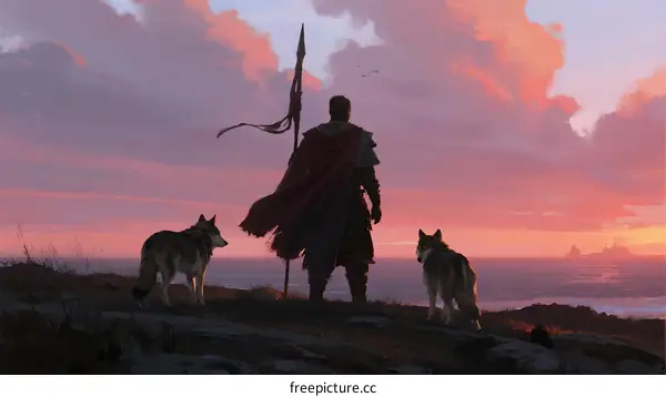 Warrior in Red Cape Standing with Wolves at Sunset