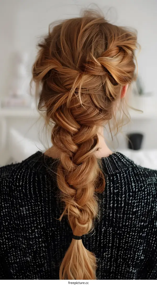 A woman with long red hair styled in a fishtail braid