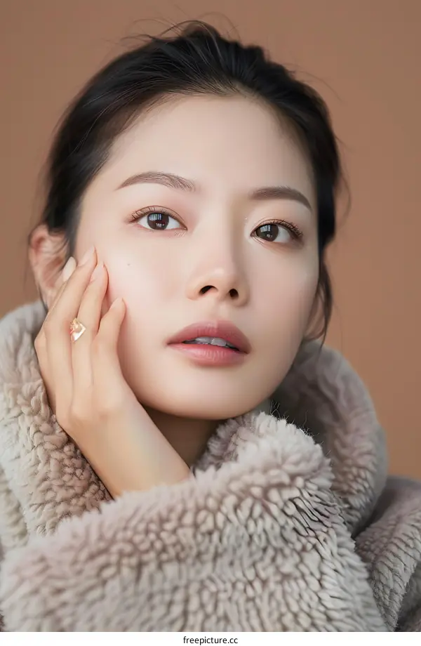 Close Up Portrait of Beautiful Asian Woman Wearing Fur Coat