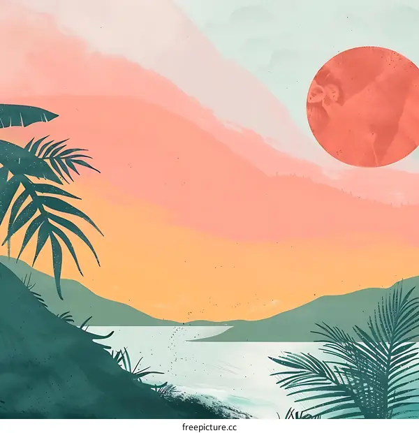 Tropical Sunset Landscape Illustration