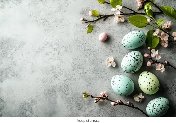 Easter Eggs and Blossoms on a Gray Surface